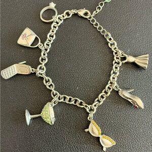 Silver-Tone Women's Charm Bracelet with Green and Yellow Crystal Accents